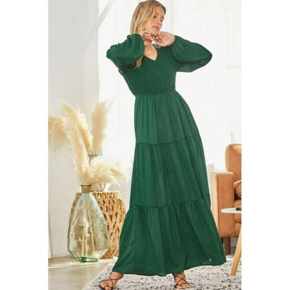 Rio Smocked Long Sleeve Maxi Dress in Hunter Green - Picture 7 of 8